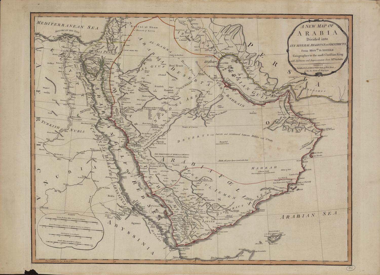 Antique map of Arabia showing the Gulf coast, d'Anville 1794