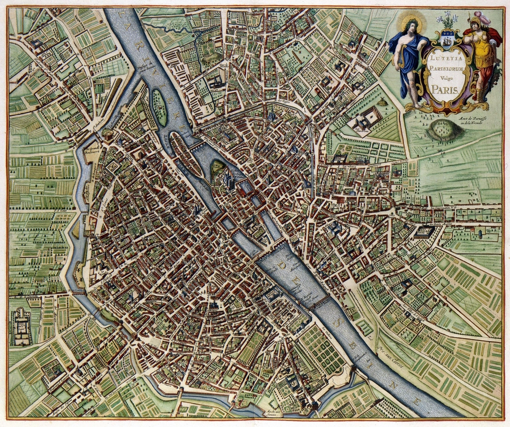 Antique hand-coloured plan of Paris and the Seine