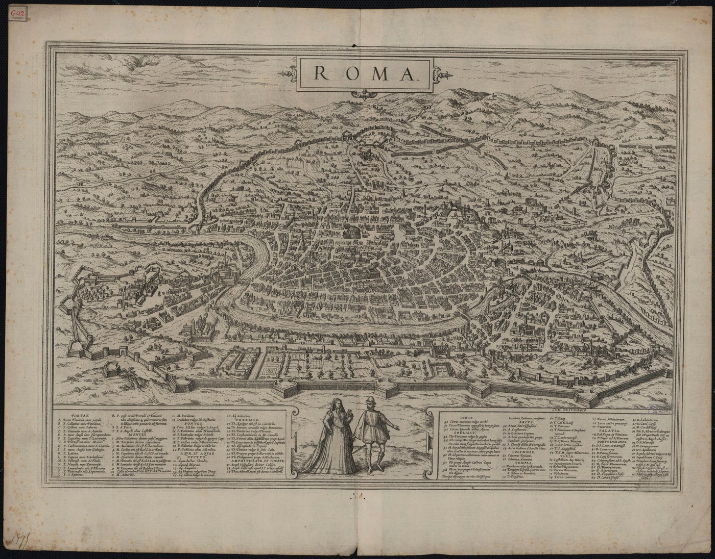 Antique map of Rome and the Tiber