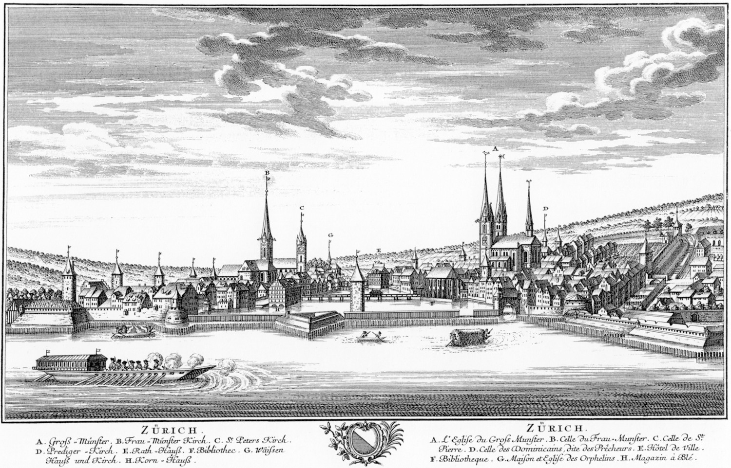 Vista gravada antiga de 1754 de Zurique do outro lado do Limmat, com as torres do Grossmunster